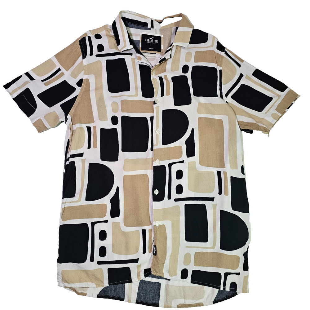 Hollister Men's Button-Down Collared Shirt Short Sleeve, Size L Black Tan Artsy